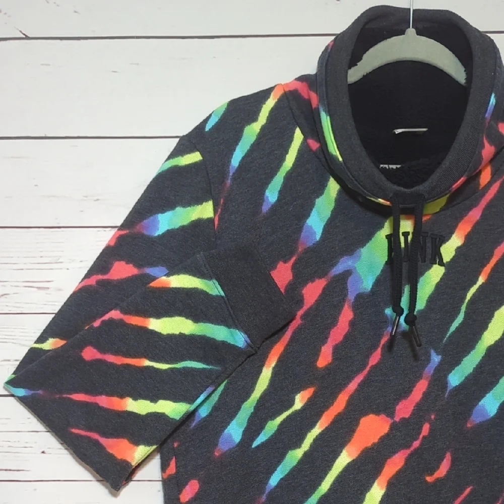 Victoria's Secret Pink Sweatshirt Zebra Rainbow Sherpa Cowl Neck Pullover Medium